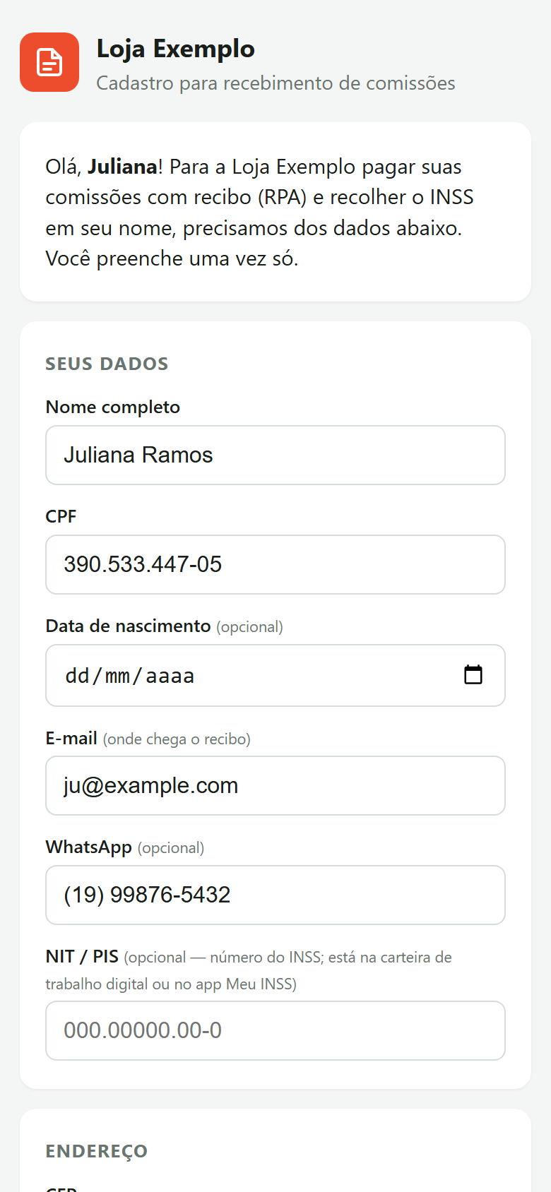 Formulário de cadastro do afiliado no celular